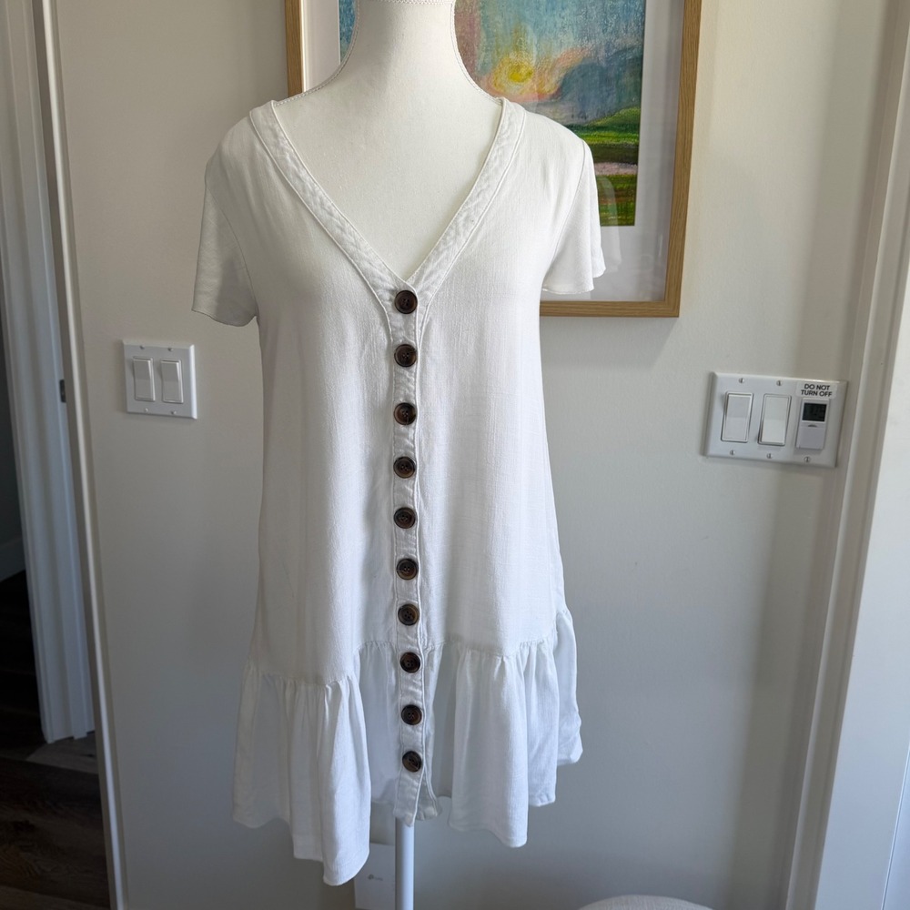 Princess Polly White Linen Cotton Button Front Ruffle Hem Mini Dress Size 4